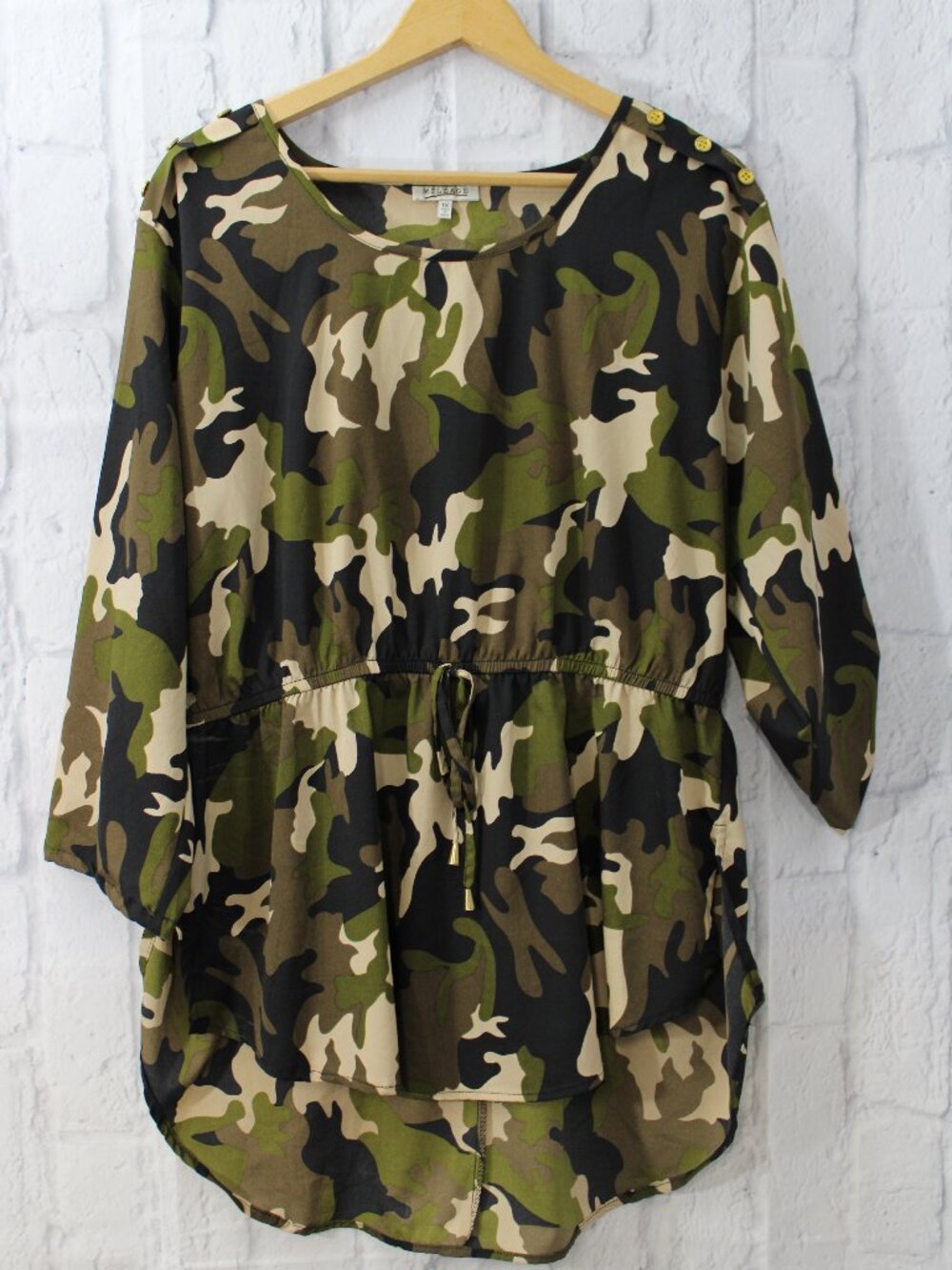 Mileage 1X Green Camo Round Neck Cinched Waist Button Detail Blouse